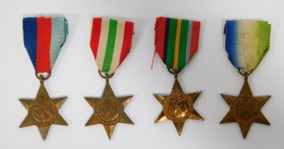 Seven WWII medals, comprising the Atlantic Star, the Pacific Star, the 1939-45 Star, the France and Germany Star, the Italy Star, the Burma Star with Pacific bar and the Africa Star with 1st Army bar, each with ribbons. - 3