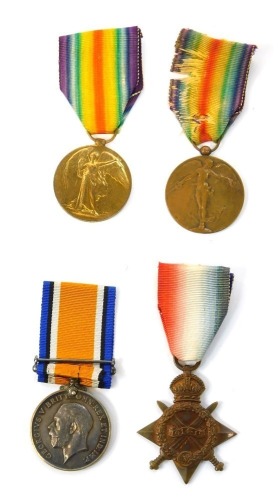 Four WWI medals, comprising a Belgian Inter Allied Victory medal, a 1914-20 British War medal named to Howel G Williams, and a Victory medals, named to Pte. W.R. Whitfield, A-201308, K.R. Rif, C., and a 1914-5 Star, named to W. Armstrong, GSR MFA, with ri