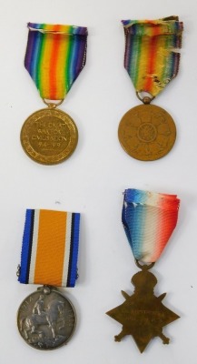 Four WWI medals, comprising a Belgian Inter Allied Victory medal, a 1914-20 British War medal named to Howel G Williams, and a Victory medals, named to Pte. W.R. Whitfield, A-201308, K.R. Rif, C., and a 1914-5 Star, named to W. Armstrong, GSR MFA, with ri - 2