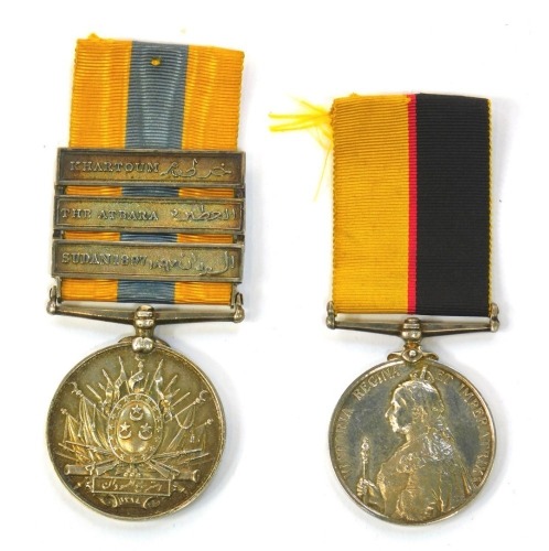 A Khedive's Sudan medal 1896-1908, with three bars for Khartoum, The Atbara and Sudan 1897, unknown recipient, with ribbon, together with a Queen's Sudan Medal 1896-97, unknown recipient, with ribbon.