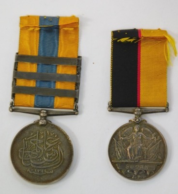 A Khedive's Sudan medal 1896-1908, with three bars for Khartoum, The Atbara and Sudan 1897, unknown recipient, with ribbon, together with a Queen's Sudan Medal 1896-97, unknown recipient, with ribbon. - 2