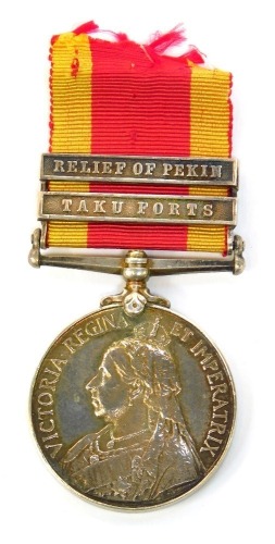 A 1900 China War medal, with two bars for Relief of Pekin and Taku Forts, unknown recipient, with ribbon.