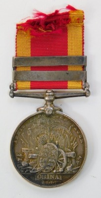 A 1900 China War medal, with two bars for Relief of Pekin and Taku Forts, unknown recipient, with ribbon. - 2