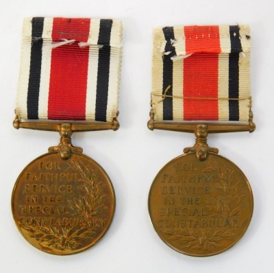 Two Special Constabulary Faithful Service medals, comprising a George VI medal named to Benjamin Holland, and a George V medal named to Arthur Butler, with ribbons. - 2