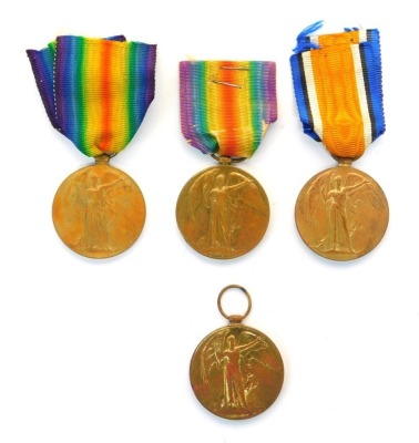 Four WWI Victory medals, named to Pte C Stewart, 3145, A & SH, Pte F Harkin, 42691, R Scots, Pte W Glendinning, 1336, Lan Fus, and Pte F Herbert, 15226, RS Fus.