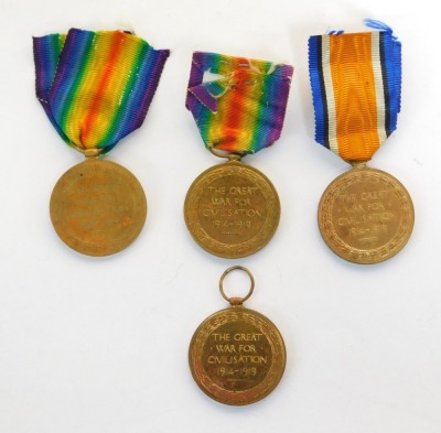 Four WWI Victory medals, named to Pte C Stewart, 3145, A & SH, Pte F Harkin, 42691, R Scots, Pte W Glendinning, 1336, Lan Fus, and Pte F Herbert, 15226, RS Fus. - 2