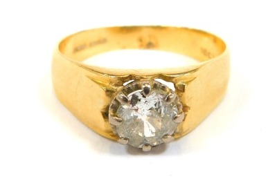 A 15ct gold diamond dress ring, the old cut diamond measuring approx 1ct, set in claw platinum setting, on a plain yellow metal band stamped 585, size X, 5.5g all in.