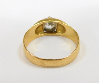 A 15ct gold diamond dress ring, the old cut diamond measuring approx 1ct, set in claw platinum setting, on a plain yellow metal band stamped 585, size X, 5.5g all in. - 2