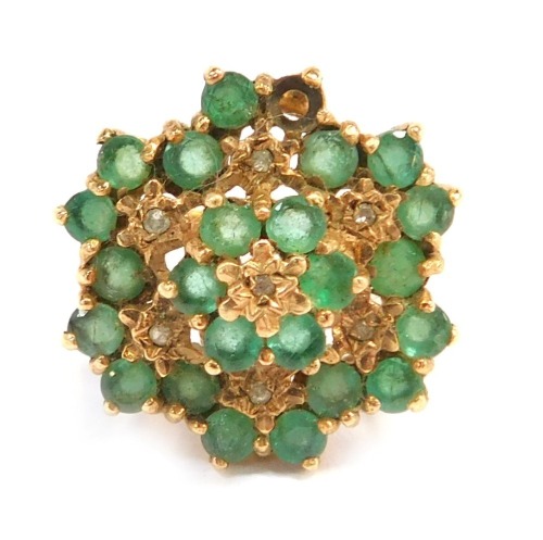 A 9ct gold cluster ring, the cluster each set with miniature clusters of emeralds and cz stones, in a raised basket, ring size M, 4.1g all in. (AF)