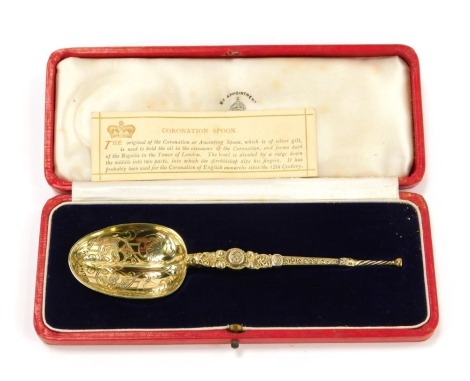 An Edward VIII silver gilt coronation or anointing spoon, Mappin and Webb, London 1936, 1.33oz, in fitted box.