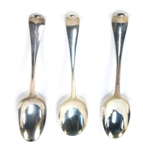 Three Georgian silver tablespoons, each initialled to handle verso, hallmarks rubbed, 6.34oz.