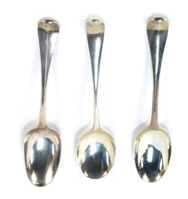 Three Georgian silver tablespoons, each initialled to handle verso, hallmarks rubbed, 6.34oz.