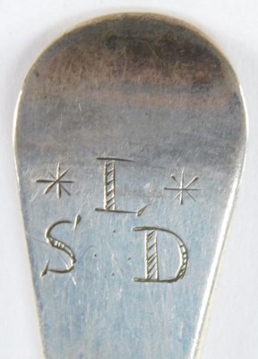 Three Georgian silver tablespoons, each initialled to handle verso, hallmarks rubbed, 6.34oz. - 2