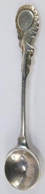 An Edward VII silver tablespoon, the handle with raised bead decoration, monogrammed, London 1904, a white metal sifter spoon, salt spoon, and a white metal dessert spoon, 1.41oz. - 5