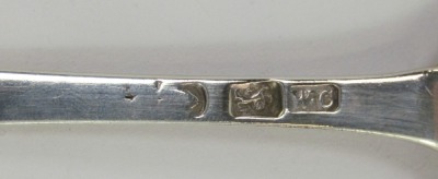 Three Georgian silver dessert spoons, comprising an Old English pattern example with bright cut decoration, London 1787, and two further spoons, initial engraved, hallmarks rubbed, 1.50oz, - 4