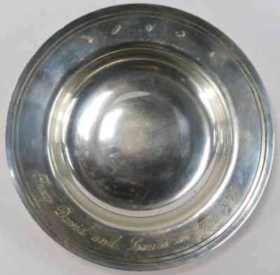 A silver pin dish, inscribed From David and Louise on Your 50th, Birmingham 2000, 1.40oz. - 2