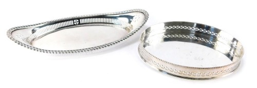 Two silver plated serving dishes, comprising an oval and pierced galleried tray, and a boat shaped pin dish. (2)