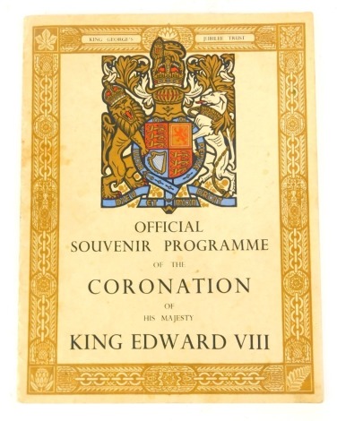 An Edward VIII proof Coronation programme for 1937, together with a letter from the King George's Jubilee Trust, St James' Palace from the Rear Admiral dated 27th April 1937, stating 'Dear Sir I am enclosing a copy of the Coronation Programme which we wou