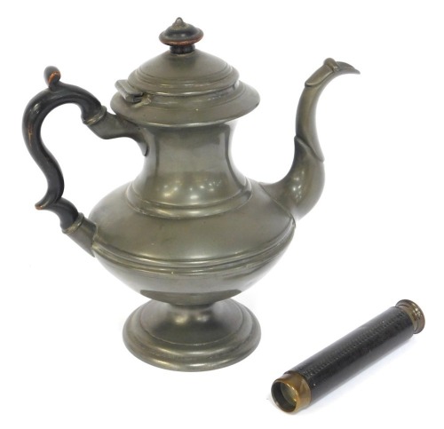 A Shaw & Fisher of Sheffield pewter teapot, with ebonised knop and handle, 29cm high, together with a Hawk 18X BC & Co Ltd four draw telescope. (2)