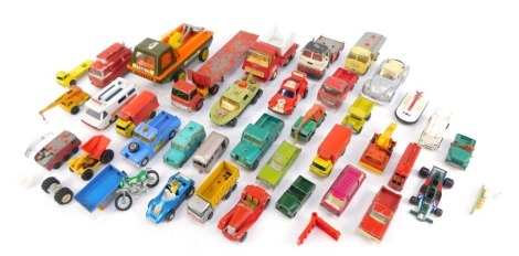 A group of diecast vehicles, play worn, to include a Corgi Jeep FC150, Corgi Motorway Ambulance, various Matchbox cars, etc. (1 tray)