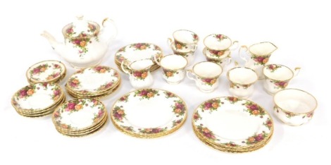 A Royal Albert Old Country Roses porcelain part tea set, to include eight tea cups and saucers, teapot, milk jug, sugar bowl, sandwich plates, etc, some pieces seconds.