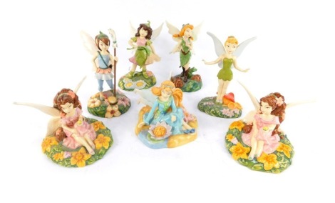 A group of Royal Doulton Disney Fairies pottery figures, comprising Tinkerbell, Beck, Fira (x2), Rani, Bess and Prili, boxed.