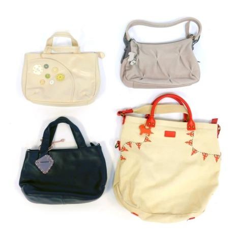 Four Radley leather handbags, comprising a lilac shoulder bag, cream top handled bag, indigo top handled bag, and a canvas top handled bag, decorated with Union Jack bunting, with shoulder strap, three with dust bags. (4)