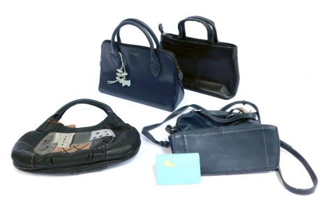 Four Radley leather handbags, comprising a black top handled bag with strap, dark blue top handled bag, a pebbled leather top handled bag with embroidered patchwork pocket, blue leather across body bag, together with a turquoise blue card holder. (5)