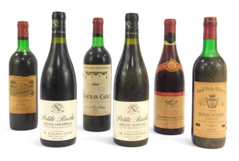 Six bottles of vintage French wine, comprising Chateau la Cardonne 1976 Medoc, Chateau le Redon 1976 Bordeaux, Geisweiler and Fils 1972 Beaunet, Mouton-Cadet 1977 Bordeaux, Petite Ruche (2).