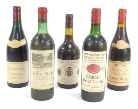 Five bottles of vintage French wine, comprising Chateau Route 1983 Fronsac, Hermitage 1987 Domaine des Remizieres, Chateau Fondes Rondes 1987, Comte de Lupe 1988 Pinot Noir, and Chateau La Couranconne 1986.