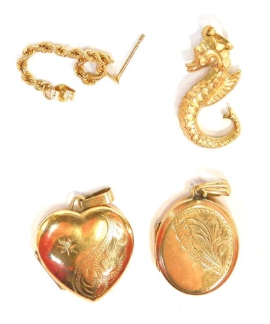 A 9ct gold heart shaped locket, a 9ct gold front and back oval locket, a single earring, and a seahorse pendant, 7g all in. (4)