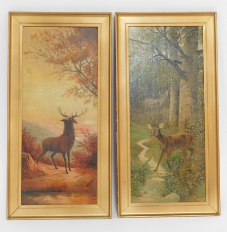 H Difford (20thC British School). Study of a stag in mountainous wooded landscape, oil on canvas, signed, 62.5cm x 26cm, and a further work by same artist. (2)