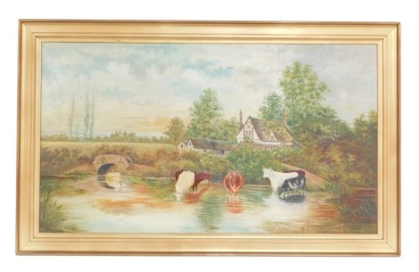 H Difford (20thC School). Study of lake a scene depicting cattle drinking water, cottage to background, oil on canvas, signed, 60cm x 103cm.