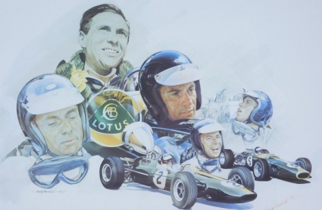 After Craig Warwick. Jim Clark 25th Anniversary motor racing print, 1968 - 1993, limited edition 357/500, signed in red to margin, 53cm x 77cm, framed and glazed. We have instructions from the vendor to sell without reserve.