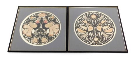 Two Polish Wycinanki paper cut pictures, of circular form, depicting cockerels, the other depicting Birds of Paradise, each 33cm diameter, framed and glazed.