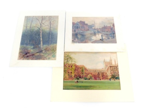 W Marshinson (early 20thC School). New Hall Oxford, watercolour, signed, 26cm x 36cm, together with Silver Birches in winter landscape, watercolour, unsigned, 37cm x 27cm, and Canal Wharf Warehouse, with barge and boats, watercolour, 23cm x 32cm, all unfr