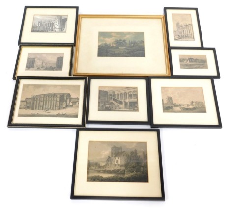 A group of 19thC and later engravings, to include Friar Bacon's Study Oxford, Regent Street from the Circus Piccadilly, drawn by Thomas H Shepard and engraved by Robert Wallis, Crosby Hall Bishop Gate Street, The New Hall Christ's Hospital, View of Baynar