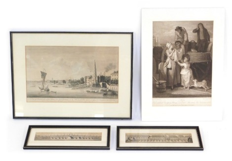 A group of London related engravings, to include View of London taken off the Thames near York buildings, 24cm x 41cm, Cries of London, Fresh Gathered Peas Young Hastings, engraved by G Vendram, 34cm x 27cm, and View of London in the Present State with th