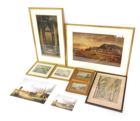 A group of 19thC and later engravings and other prints, to include York Cathedral The Nave by F Bedford and W Monkhouse, 24cm x 19cm, a further print of York Minster, etc.