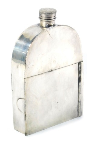 An EPBM combination hip flask case, the top section formed as a hip flask, with lift hinge base compartment, maker WMH&S, numbered 01845, 15cm high.