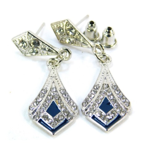 A pair of Art Deco style costume drop earrings, set with white paste stone and with blue painted decoration, in plated mounts, 4cm drop.