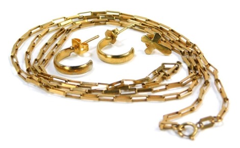 A 9ct gold box link neck chain, 70cm long, 5.9g, and two pairs of plated earrings.