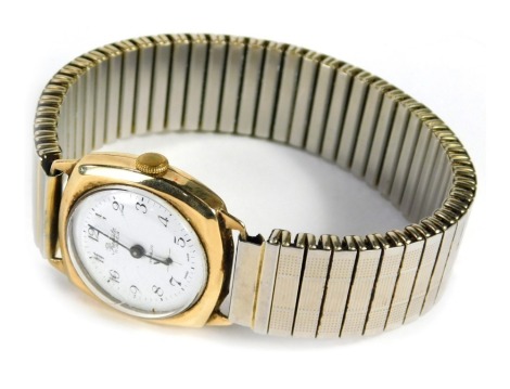 A Precista 9ct gold cased wristwatch, with square design wristwatch head with white enamel numeric dial with black hands, on expanding plated bracelet, 48.4g all in.