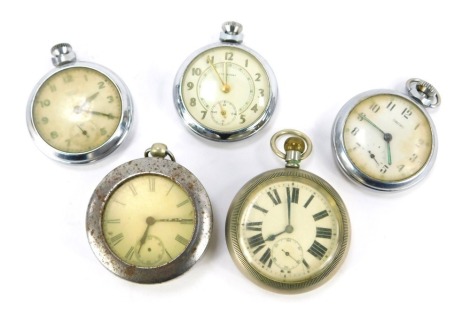 Five silver plated pocket watches, comprising Ingersoll, Smiths, Empire and others. (AF)