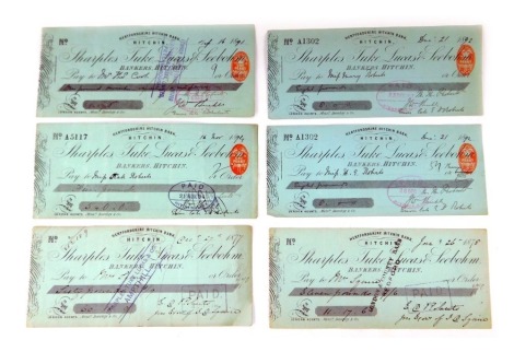 Six Victorian Hertfordshire Hitchin Bank one penny cheque books.