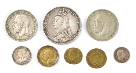 Various coins, comprising two half crowns, a Queen Victoria five pound silver coin, threepenny bit, three pence pieces, etc. (a quantity)