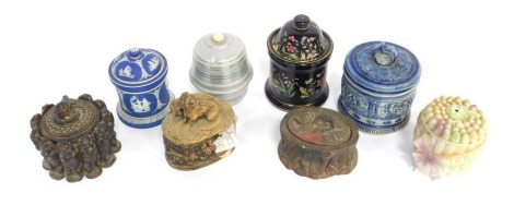 A group of pottery tobacco jars, to include an example with a spaniel modelled to lid, 8cm high, a blue Wedgwood jasperware tobacco jar and cover, 13cm high, etc. (a quantity)