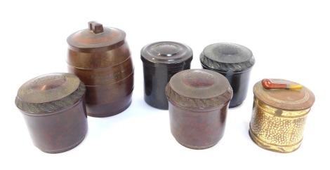 A group of 20thC tobacco jars, to include a cylindrical barrel shaped jar, inscribed Gilbert Field Co-operative Society Ltd Jubilee 1884-1934, etc. (a quantity)