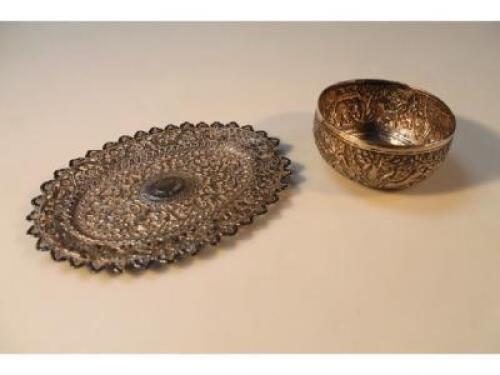 A white metal Indian bowl and a white metal oval pierced dish