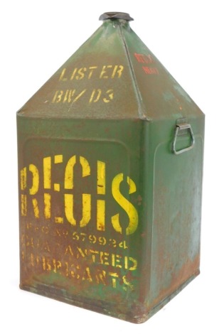 A green painted tin oil can, of pyramid form, sign written, 52cm high.